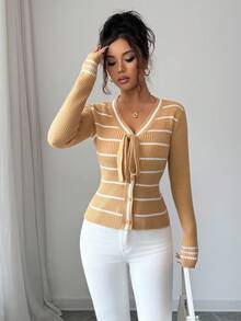 SHEIN Elenzya Gestreifter Schleifen-Cardigan für Frauen - Khaki - Übersicht 5