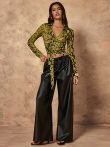 Chiquease Women's Black Low Waist Elastic Waistband Leather Pants,Casual Loose Fit Wide Leg Trousers With Drawstring,Autumn Night Out Textured Fabric Daily Wear - Black - View 5