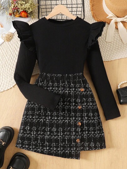 SHEIN Teen Girl Elegant Cap Sleeve Ribbed Long Sleeve T-Shirt & Plaid Button Tweed Mini Skirt Set,Christmas,Holiday/Family Day/Happy New Year