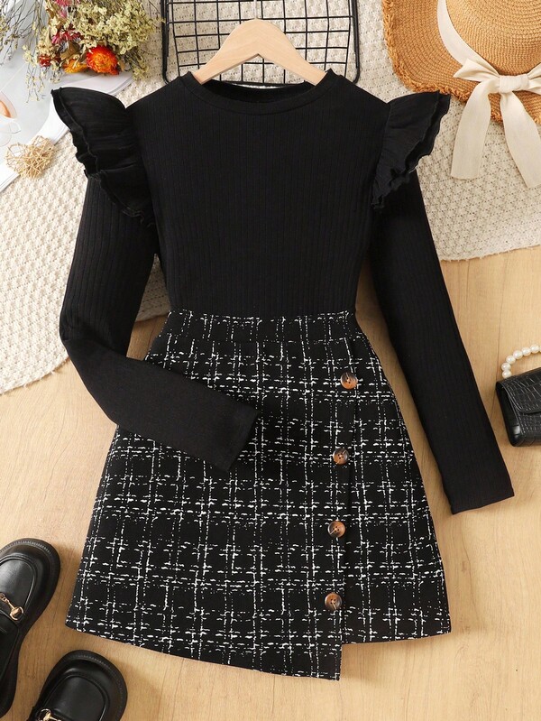 SHEIN Teen Girl Elegant Cap Sleeve Ribbed Long Sleeve T-Shirt & Plaid Button Tweed Mini Skirt Set,Christmas,Holiday/Family Day/Happy New Year
