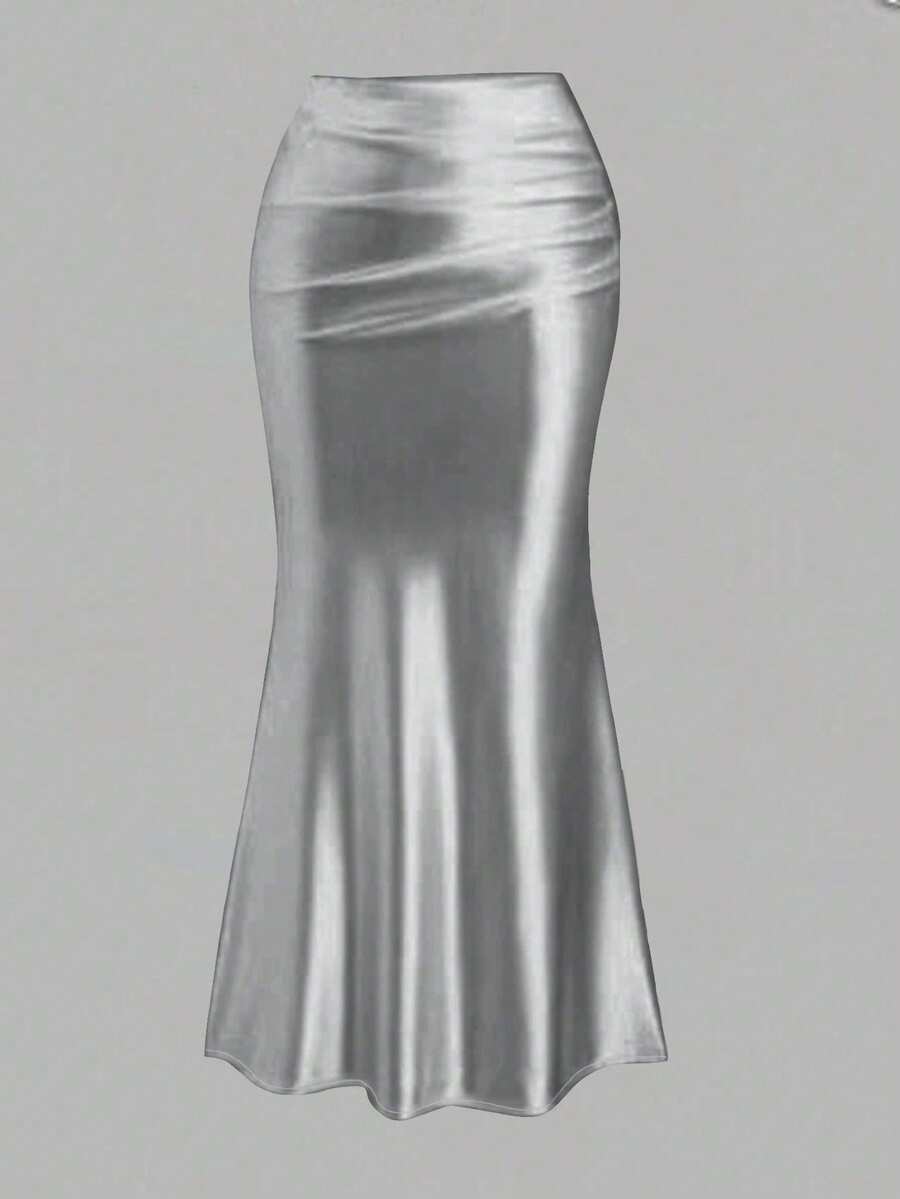 SHEIN Unity Chân váy xếp ly viền đuôi cá màu bạc thời trang cho người đi làm - Bạc - Xem 1