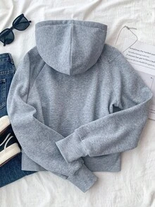 SHEIN 少女休闲日常拉链卫衣，插肩袖设计，适合秋冬季日常穿着 - 淺灰色 - 查看 2