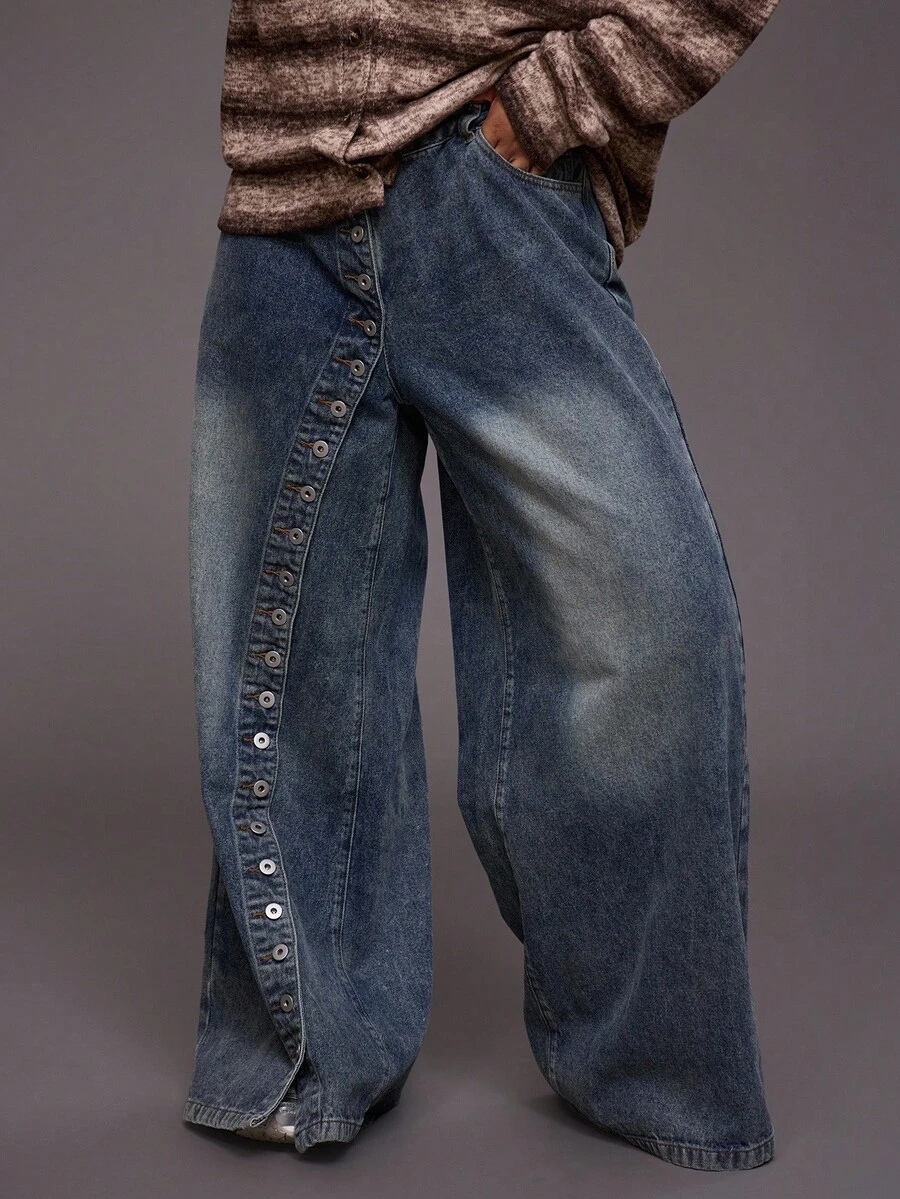 MUSERA Plus Size Washed Extreme Button Detail Wide Leg Jeans Everyday Casual Cool Girl Streetwear Autumn Fall Winter - Blue - View 1