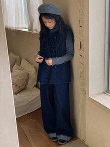 DAZY 女童时尚蝴蝶结牛仔背心和裤子套装 - 藍色 - 查看 4