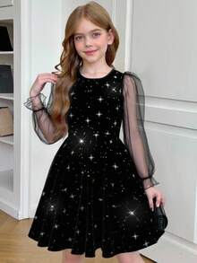 Pitira Tween Girls Partywear,Glitter Silver Star Print Velvet Black Fitted Mini Dress, Contrast Mesh Puff Long Sleeve,Fall/Winter Dress,Halloween,Christmas,Party Going