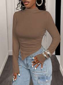 BamGleam Chic Autumn Women's Solid Color Stand Collar Raglan Sleeve Asymmetrical Hem Fitted T-Shirt Fall Cloth For Women - Coffee Brown - View 5