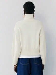 Lumivelle 女士纯色高领落肩长袖休闲宽松毛衣，秋冬 - 白色 - 查看 2