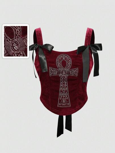 ROMWE Gothic Vintage Palace Ancient Egyptian Ankh Cross Embroidered Bowknot Back Lace-Up Bustier Crop Top, Women Top