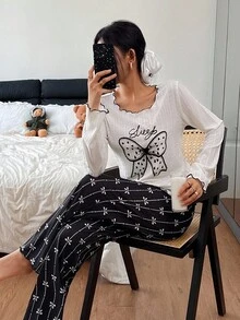 SHEIN 女士可爱蝴蝶结印花针织长袖睡衣套装，秋冬季服装 - 白色 - 查看 6