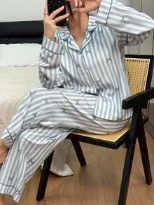 SHEIN 女士蝴蝶结条纹印花翻领长袖上衣和裤子睡衣套装 秋冬服装