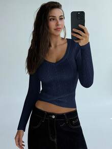 Aloruh 新款时尚深 V 领长袖合身复古麻花针织简约套头衫，秋冬百搭外套 - 藏蓝色 - 查看 7