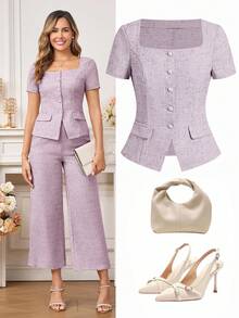 Gownix Elegant Commuter Square Neck Short Sleeve Blouse, Summer - Mauve Purple - View 3