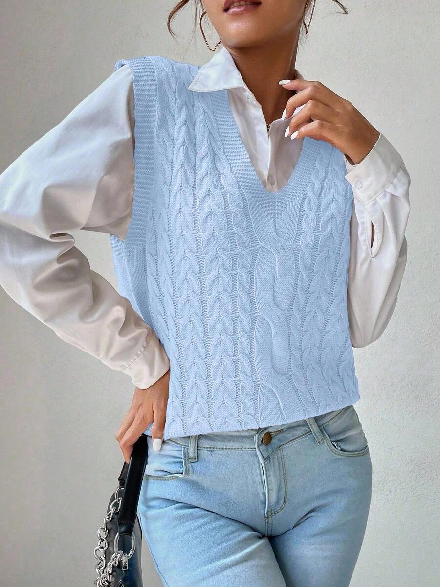 SHEIN Unity Women's Autumn Simple Solid Color Cable Knit V-Neck Sweater Vest - Baby Blue - View 1