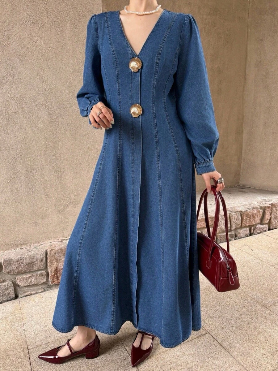 K-Vae Women's Autumn And Winter V-Neck Rose Button Dress, Long A-Line Dress, Elegant Commuter Dress, Party Dress,New Year's Wear - Dark Wash - View 1