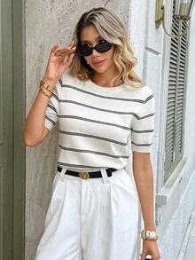 Serisse Blusa de punto casual de cuello redondo y manga corta a rayas para mujer