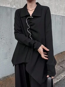 FRIFUL Camiseta holgada y versátil de mujer con cuello vuelto, manga larga, puño acanalado y volante de contraste de color, otoño - Negro - Ver 1