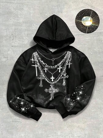 Goth Men's Casual Cross Print Hoodie Sweatshirt, Autumn/Winter