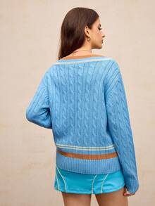 Activina Damski sweter sportowy do golfa i tenisa, z dekoltem w serek i kontrastowymi paskami, obniżonymi ramionami i luźnym splotem warkoczowym