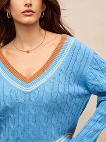 Activina Damski sweter sportowy do golfa i tenisa, z dekoltem w serek i kontrastowymi paskami, obniżonymi ramionami i luźnym splotem warkoczowym