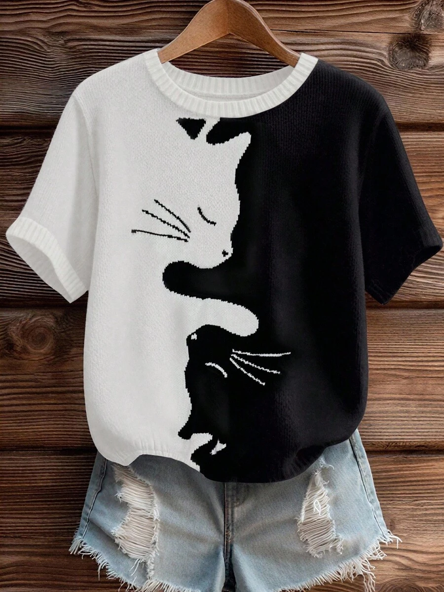 SHEIN LUNE 女士时尚提花猫图案针织上衣,休闲圆领短袖撞色衬衫,适合日常穿着 - 彩色 - 查看 1