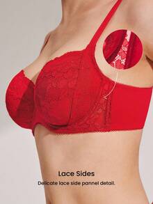 LUVLETTE Christmas & New Years Full Coverage Support Breathable Underwire Red Mesh & Lace Elegance Bra Bridal Intimates