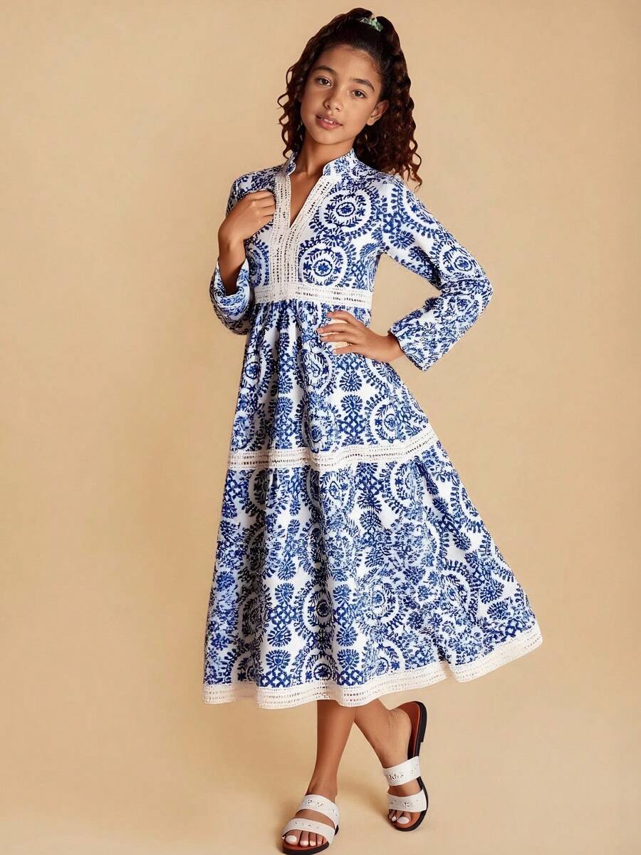 Travachic KIDS Tween Girls' Elegant Floral Print Long Sleeve Vacation Dress - Red - View 1