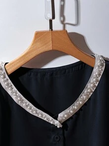 Franclia 优雅浪漫V领亮片设计女式衬衫，秋季 - 藏蓝色 - 查看 3