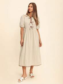 Coeurva Vestido midi formal elegante de verano para mujer, ajustado al Body, que afina la cintura, con decoración de lazo - Albaricoque - Ver 3