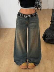 Coolane 女式休闲宽松口袋喇叭牛仔裤 - 棕色 - 查看 5