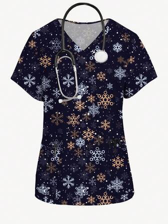 PopScrub Women's Fashion V-Neck Short Sleeve Snowflake Print Scrub Uniform Top, Summer