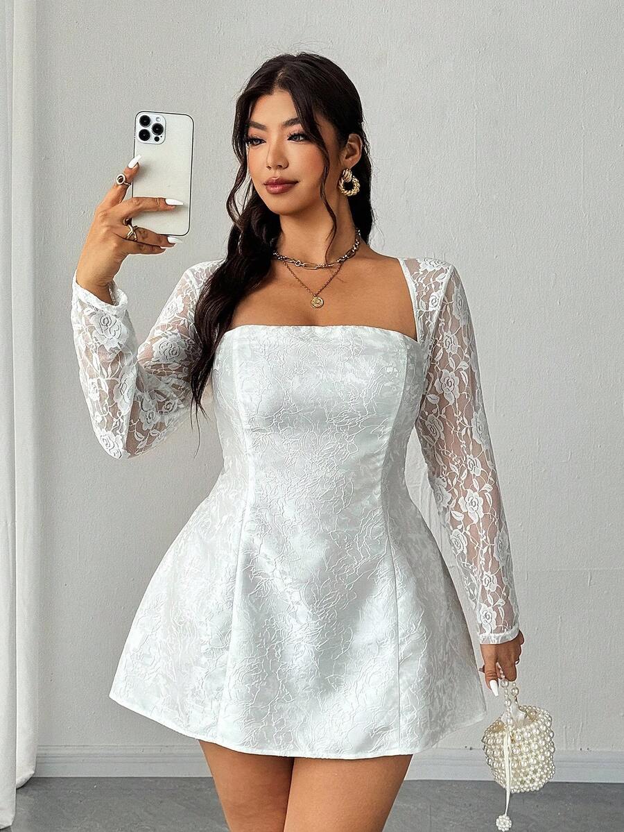 Elenzga Women's Elegant And Sexy Summer White Mini Dress With Rose Texture Fabric And Sexy Lace Splicing, Featuring A Delicate And Elegant A-Line Silhouette. Suitable For Everyday Wear, New Year's Outfits, Christmas Outfits, Holiday Outfits, And Valentine's Day Outfits.