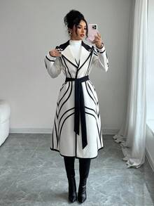 SHEIN Elenzya 优雅奢华复古线条印花高端撞色拼接女式大衣，适合派对 - 彩色 - 查看 4