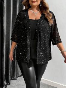 SHEIN CURVE+ Plus Size Women's Rhinestone Decor Mesh Sheer Jacket, Suitable For Thanksgiving, Christmas, New Year's Eve, Office, Party, Business Casual, Retro Style, Valentine's Day