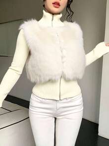 DAZY Thickened Autumn/Winter Sweater Patchwork Faux Fur High Collar Zip-Up Cardigan For Women Women Coats - White - View 6