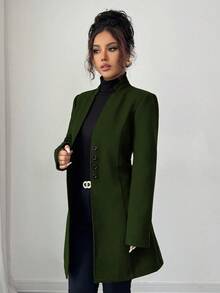 SHEIN Tall 女式休闲立领羊毛混纺修身夹克 - 軍綠色 - 查看 6