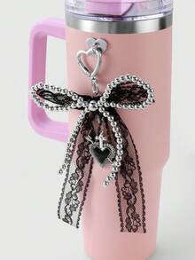 ROMWE Kawaii 1 件 Y2k 可爱哥特风格手工串珠银色 CCB 黑色蕾丝蝴蝶结滴油心形和箭头吊坠钥匙扣，适合女性日常佩戴或万圣节礼物 - 黑色 - 查看 10