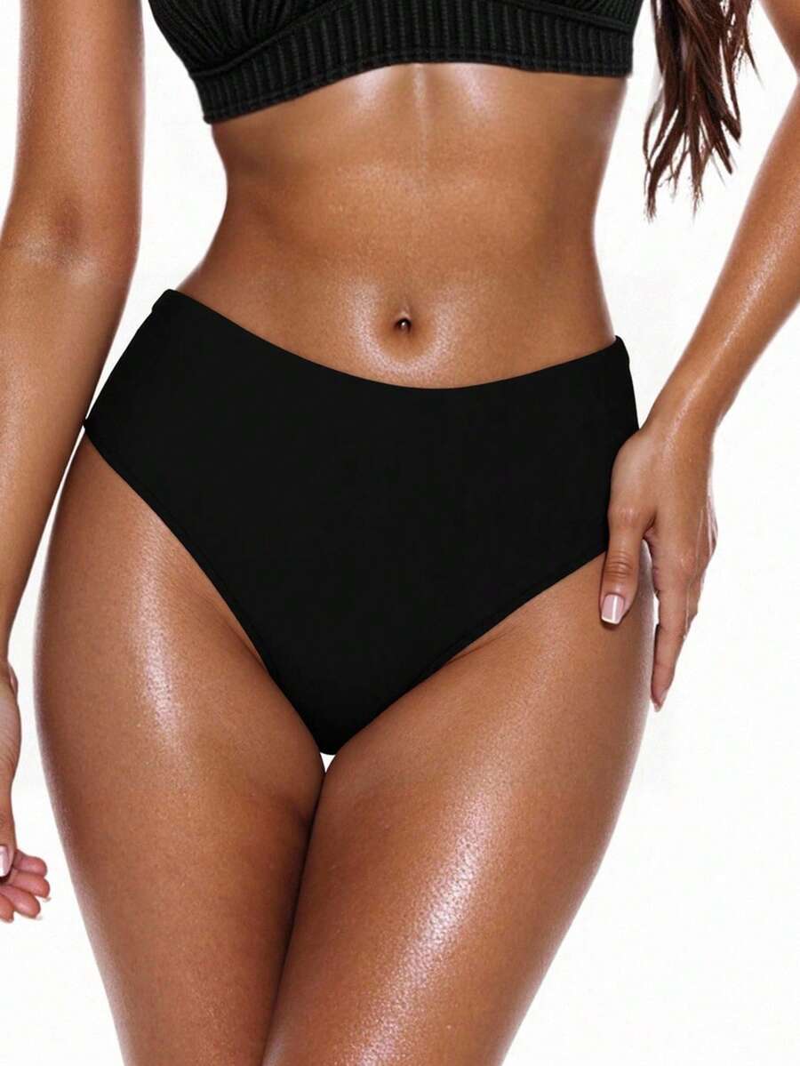 Swim Basics Summer Beach Ruched High Waisted Bikini Bottom Bathing Suit Bottoms - Black - View 1