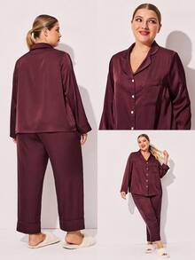 LUVLETTE Christmas & New Years Pajamas Women Plus Size Red & Burgundy Basic Satin Solid Button-Up PJ & Lounge Sets For Women Pajama Sets For Women, Fall Clothes For Women - Red - View 2