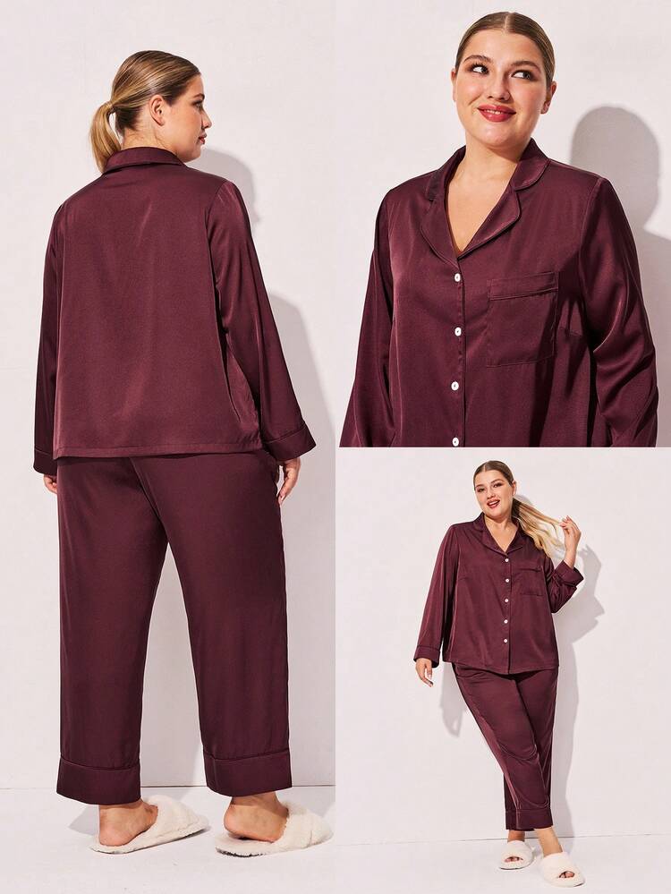Pigiami natalizi e di Capodanno per donna, taglie comode, in raso rosso e bordeaux, set di pigiama e vestaglia basic con bottoni, set di pigiami per donna, abbigliamento autunnale per donna, lingerie