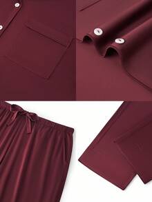 LUVLETTE Christmas & New Years Pajamas Women Plus Size Red & Burgundy Basic Satin Solid Button-Up PJ & Lounge Sets For Women Pajama Sets For Women, Fall Clothes For Women - Red - View 3