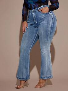 SHEIN BAE Quần jeans ống loe bó sát co giãn màu xanh cỡ lớn, mùa hè dành cho nữ, quần jeans mùa hè, quần Cottagecore, phong cách Old Money dành cho nữ, kỳ nghỉ, Gyaru, trang phục phương Tây dành cho nữ, quần jeans lễ Phục sinh, quần jeans hòa nhạc dành cho nữ, lễ hội Rave, quần jeans cạp cao, quần jeans họa tiết - Rửa trung bình - Xem 7