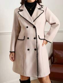 Chikora 大码休闲撞色双排扣大衣，秋冬女式长款风衣双排扣大衣撞色滚边大衣扇形边大衣2025秋冬新款舒适保暖万圣节圣诞节新年带口袋复古中长款防寒外套