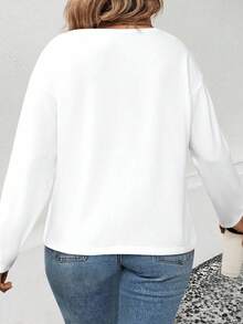 EMERY ROSE Women's Geometric Portrait Print V-Neck Long Sleeve Casual Versatile Plus Size T-Shirt, Autumn/Winter Best Seller - White - View 2