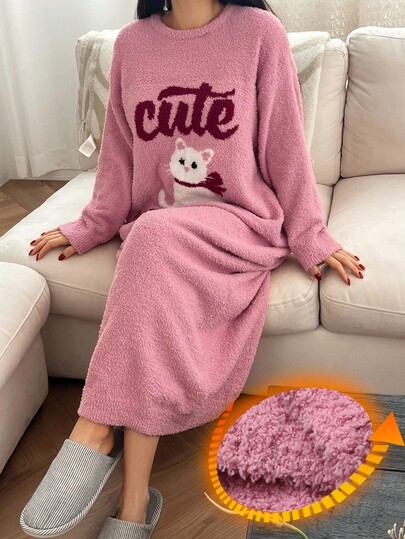 DAZY Loose Knit Cat Print Nightgown, Women Sleepwear Dress For Autumn/Winter Pajama