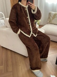 DAZY Women's Thick Fleece Trim Design Pajama Clothes Set, Winter - Coffee Brown - View 6