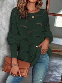 EMERY ROSE Women's Casual Asymmetric Hem Loose Knit Sweater, Autumn/Winter - Dark Green - View 4
