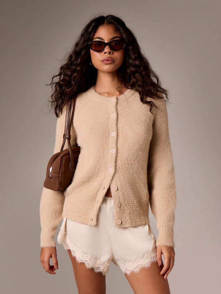 Fuzzy Button Front Cardigan With Round Neck