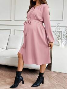 SHEIN Vestido de manga larga con botones de unicolor para maternidad y lactancia, otoño - Rosa - Ver 4