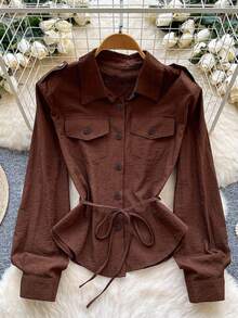 EMERY ROSE New Button-Up Long Sleeve Casual Chic Fashion Shirt For Women - Coffee Brown - View 1