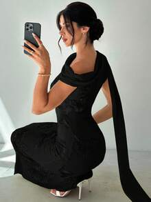 Firerie Đầm Maxi dài chấm đất dáng đuôi cá màu vàng, dáng ôm body, thêu lưới, sang trọng, thanh lịch, tinh tế, lãng mạn dành cho nữ dự tiệc khiêu vũ - màu đen - Xem 2